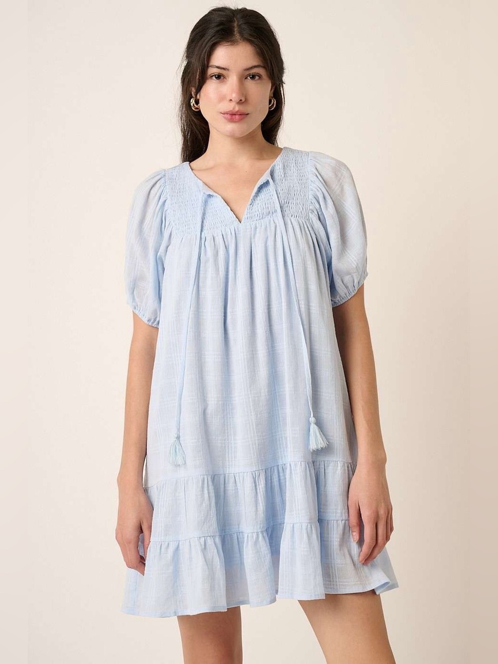Mittoshop Tassel Tie Plaid Gauze Short Sleeve Mini Dress